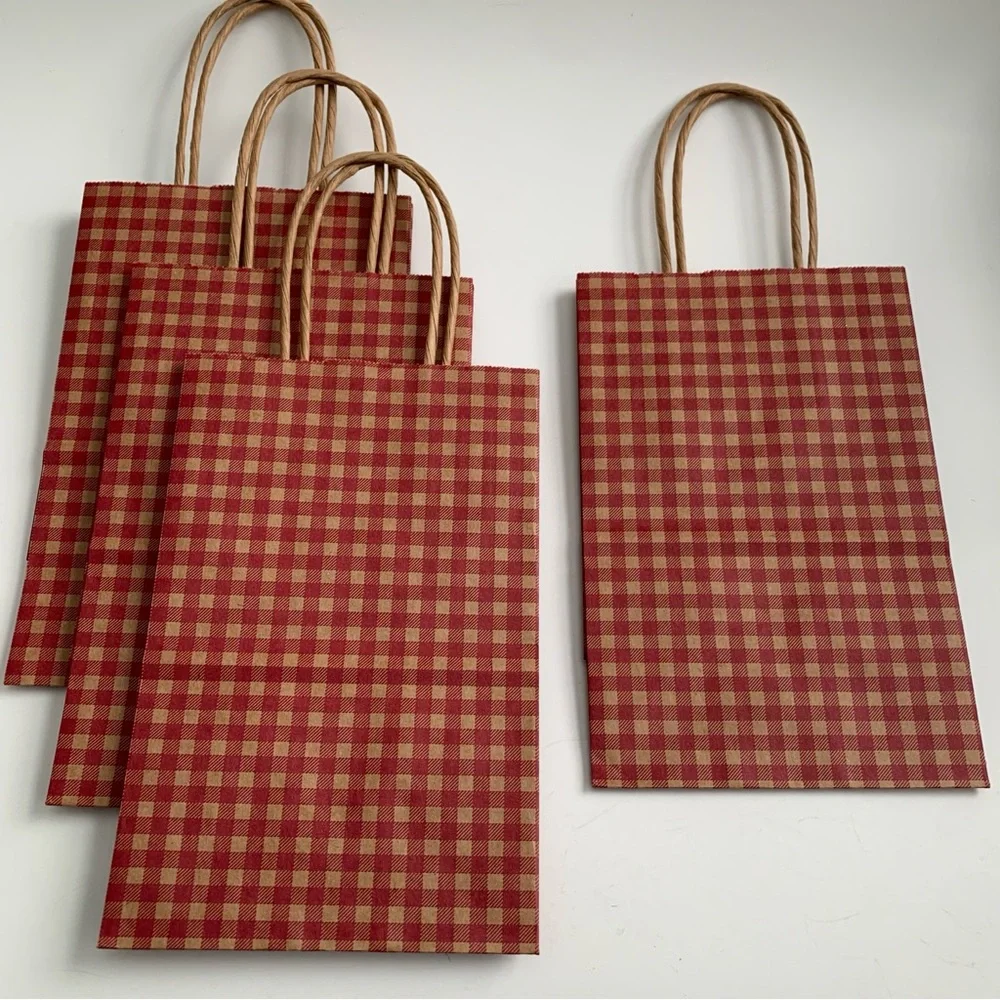 Red Gingham Gift Bags with Festive Tissue Paper Bundle